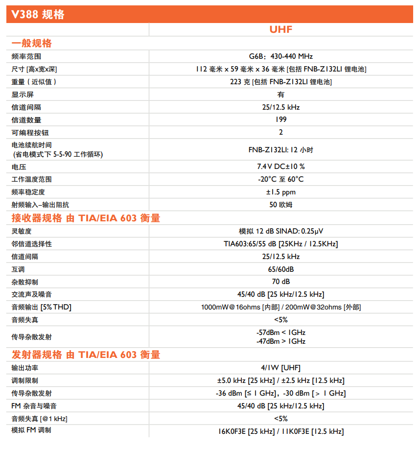 摩托罗拉（Motorola）威泰克斯V388无线对讲机