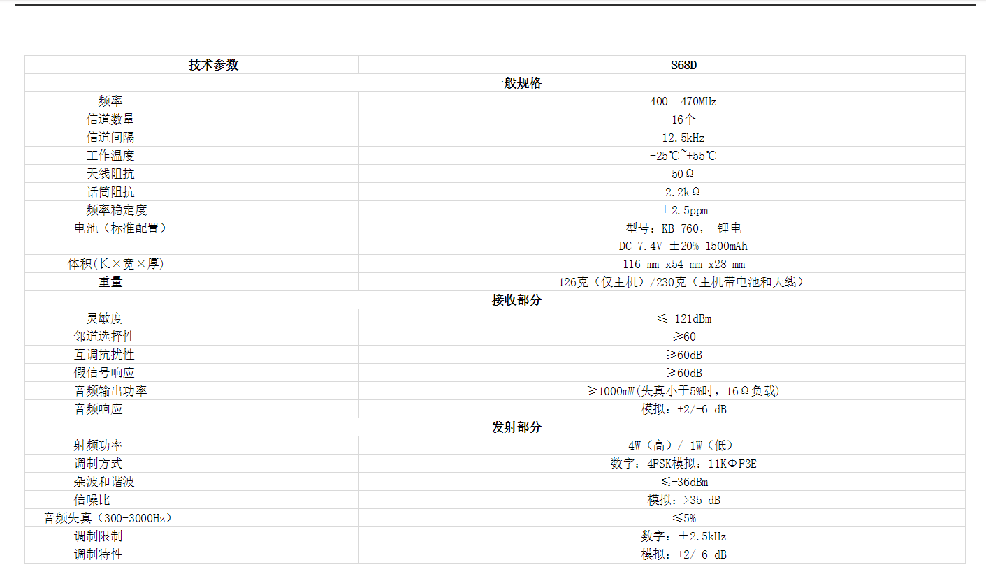 科立讯S68D数字对讲机规格参数