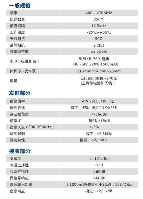 科立讯S780商用数字对讲机规格参数