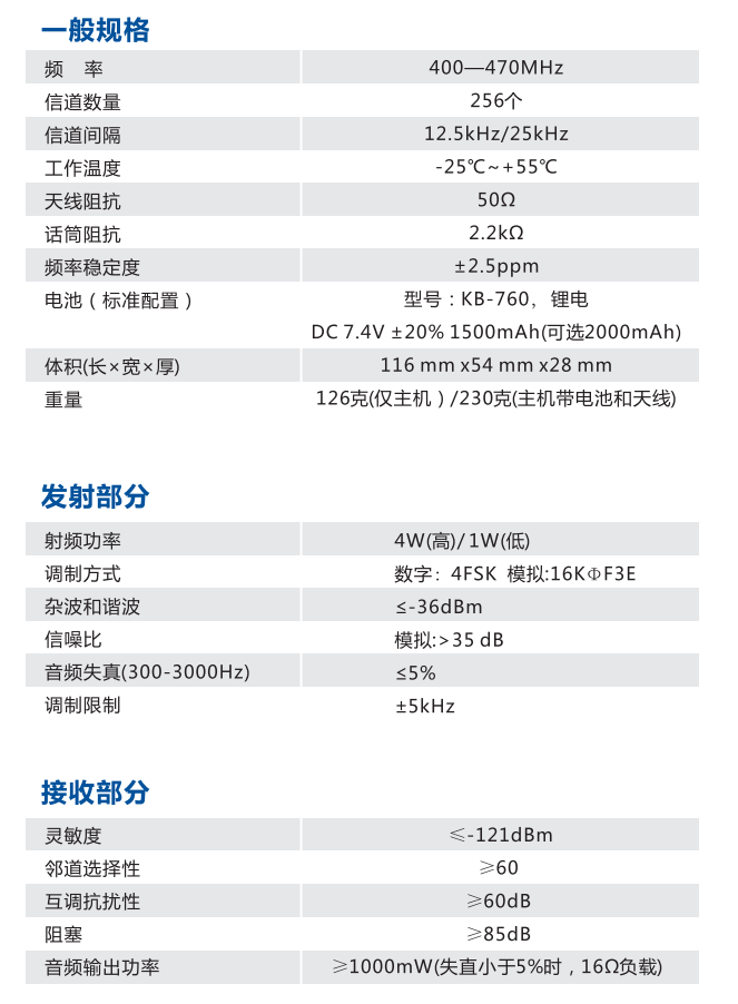 科立讯S566商用模拟/数字对讲机规格参数