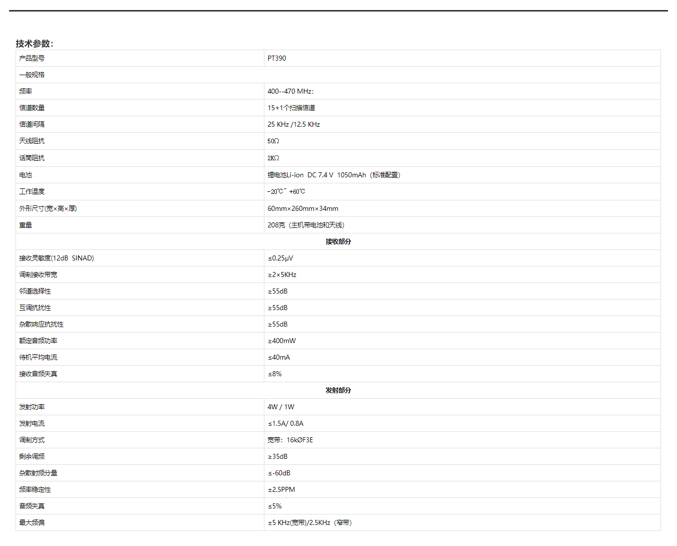 科立讯PT390对讲机规格参数