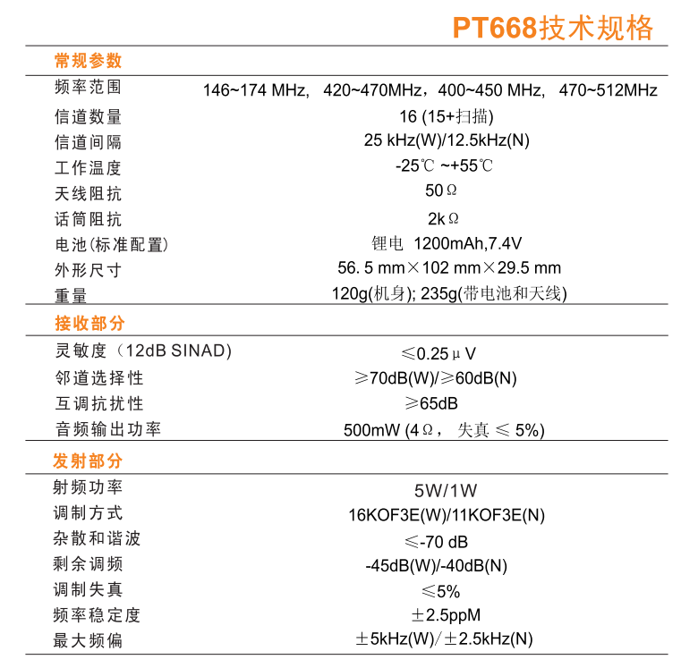 科立讯PT668对讲机参数规格
